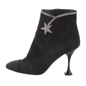 CHANEL Black Black Suede Ankle Boots with Silver Crystal Star